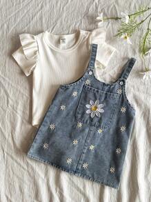 SHEIN Baby Girls White And Blue Floral Denim Cami Dress Set,Cute Short-Sleeved Knitted Top&Open Crotch Denim Effect Suit For Autumn Picnic,Spring Summer - Multicolor - View 2