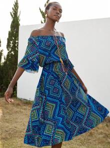 Aveloria Modichic Vestido Longo Feminino Folgado e Confortável de Duas Formas de Usar, Ombros de Fora, Cintura, Estampa Pérlis, Contraste de Cor, Decoração Exquisita de Nó - Azul Royal - Visão 4