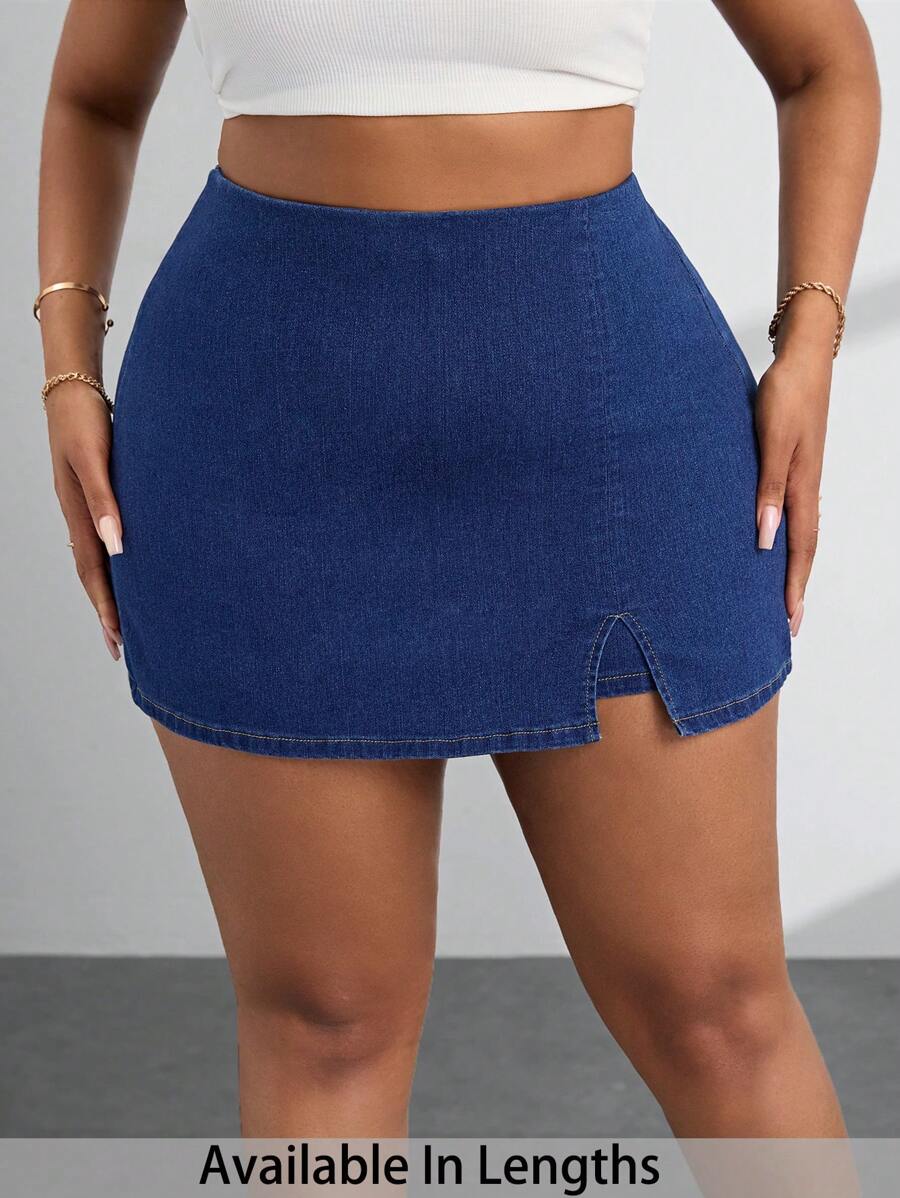 SHEIN SXY Plus Size Women's Casual Versatile Denim Skort With Side Slits - Blue - View 1