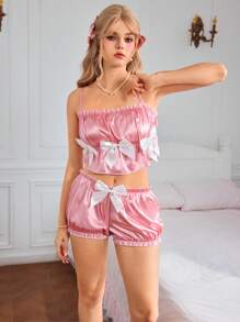 2 piezas Conjunto de lencería sexy para mujer con volantes y lazo exagerado en estilo de shorts bloomers, color rosa y blanco, para festival de música y fiestas - Rosa - Ver 6