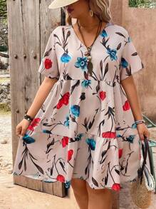 EMERY ROSE Plus Size Women's V-Neck Button Front Floral Patterned Dress