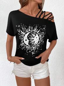 SHEIN LUNE 女士休闲针织太阳和月亮印花不对称肩短袖 T 恤春夏季 - 黑色 - 查看 6