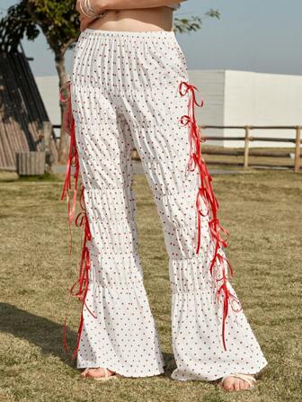 Pantalones casuales de mujer con pliegues, lazo y lunares