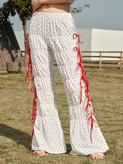 Pantalon casual à nœud papillon et pois froissé pour femme