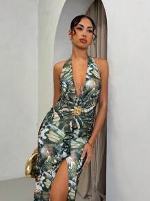 SHEIN BAE Damskie Letnie Wakacje Plaża Wakacje Motyl Nadruk Metaliczne Falbany Zdobione Niskim Wycięciem Seksowne Rozcięcie Maxi Sukienki, Stroje Wakacyjne Damskie Letnie Sukienki, Stroje Koncertowe Damskie, Sukienki Letnie Dla Kobiet, Stroje Brunchowe Dla Kobiet, Sukienka Sage Green - Wojskowa Zieleń - Zobacz 4