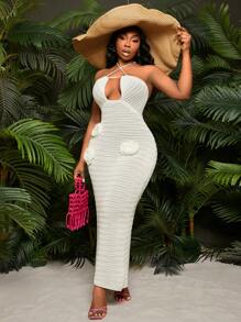 SHEIN SXY Plus Size Women  Sexy Spring And Summer Vacation Style 3D Floral Decor Wrap Tie Neck Long Knitted Dress,Suitable For Early Spring, Spring And Summer, Rainforest, Beach Party, Seaside Vacation, Bonfire Party, Cool And Light, Slim Fit, Comfortable To Wear,Easy To Match&Looks Slim,Accent Your Body,Flatter The Figure - Apricot - View 7