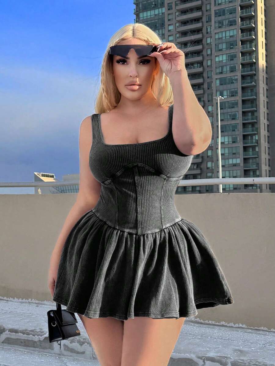 SHEIN SXY Plus Size Women Spring/Summer Square Neck Sleeveless Ruffle Hem Casual Dress - Black - View 1