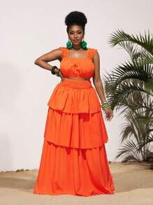 Slaydiva Nuevo conjunto de 2 piezas talla grande para 2025: Falda de volantes de color naranja liso y vestido largo con top de chaleco fruncido