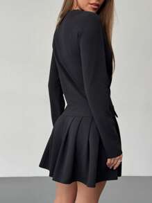 Aloruh 黑色 V 领长袖短款上衣套装，美人鱼风格办公室穿着 - 黑色 - 查看 2