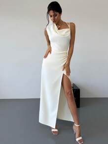 Firerie 女士优雅简约纯色无袖长款派对连衣裙 - 米色 - 查看 5