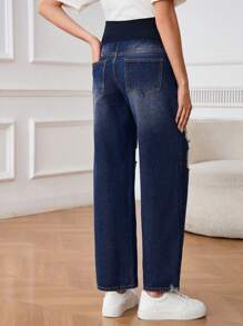 SHEIN Mulheres grávidas simples cor sólida retalhos bolso desgastado jeans casual - Lavagem escura - Ver 2