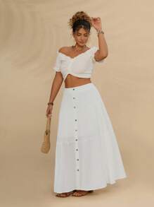 SHEIN VCAY Talla grande Falda con botón delantero bajo con fruncido - Blanco - Ver 5