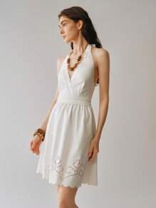 SHEIN LUNE Women's V-Neck Cinched Waist Burnout Textured Slip Dress - White - View 3