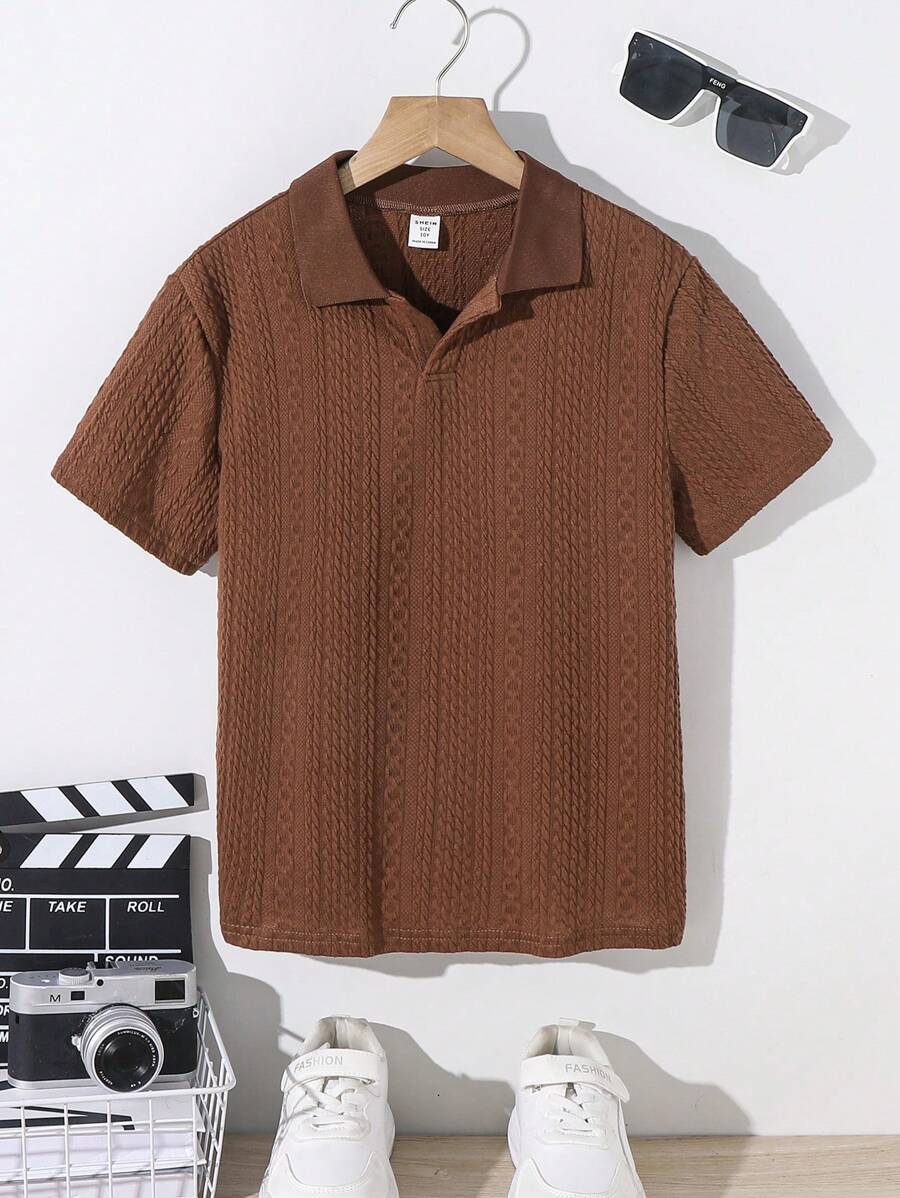 SHEIN 青少年男孩合身学院风翻领针织纯色短袖 Polo 衫