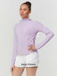 GLOWMODE Chaqueta de senderismo para exteriores con protección solar, enfriamiento por tejido de punto, panel de malla ajustada, y abertura para coleta en la espalda - Bruma de Lavanda - Ver 3