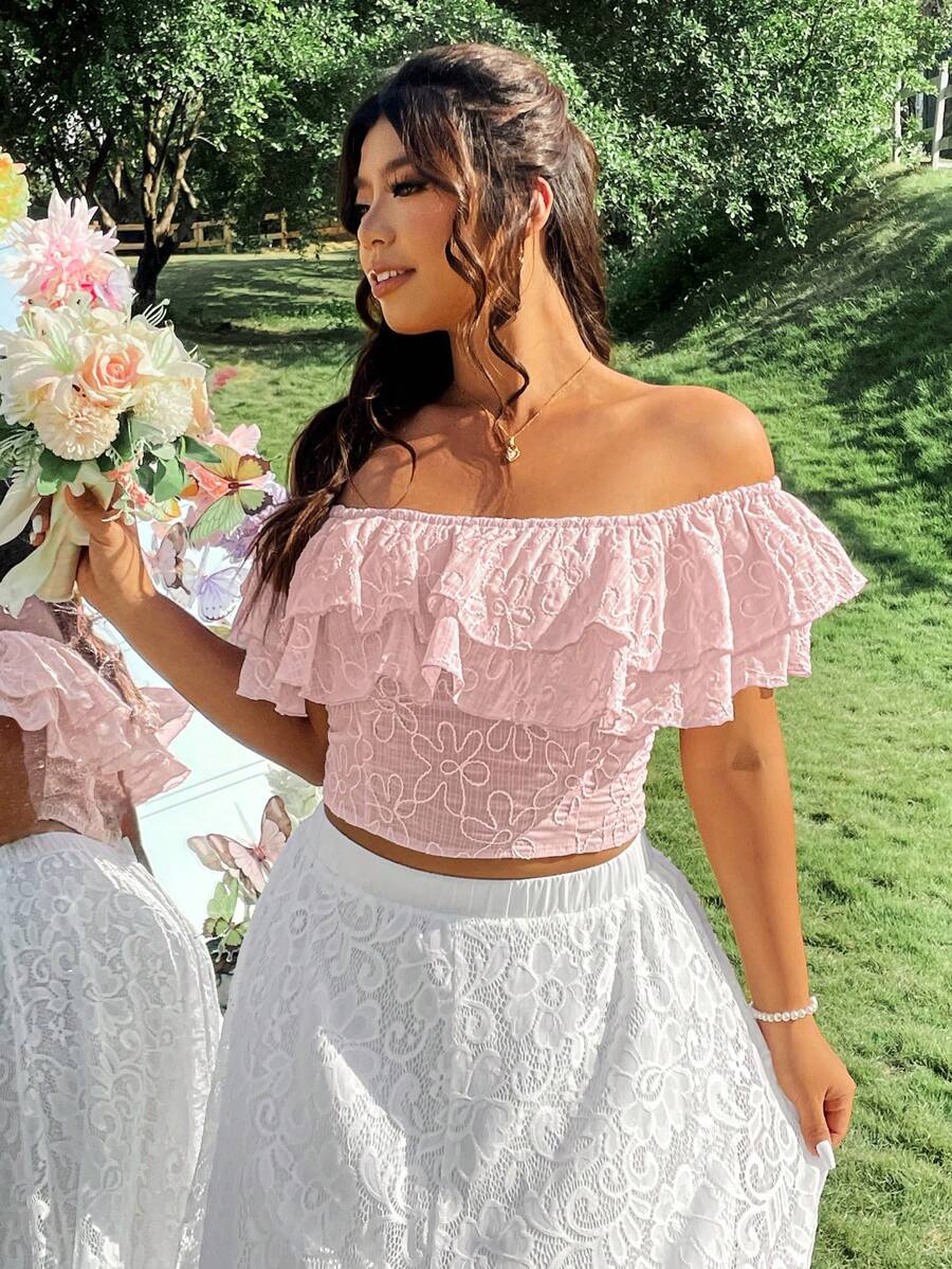 SHEIN LUNE 大码女式优雅灯笼袖撞色褶饰花卉刺绣修身上衣，百搭 - 粉色 - 查看 1