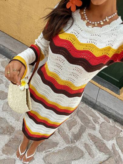 Breezaya 法式撞色波浪设计条纹镂空针织毛衣连衣裙