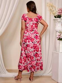 SHEIN VCAY Plus Size Boho Romantic Pink Floral Print Ruffle Hem Split Thigh Dress For Valentine's Day, Summer Outfits For Women, Graphic Outfits Women, Concert Outfit Women, Rave Outfits Festival - Multicolor - View 2