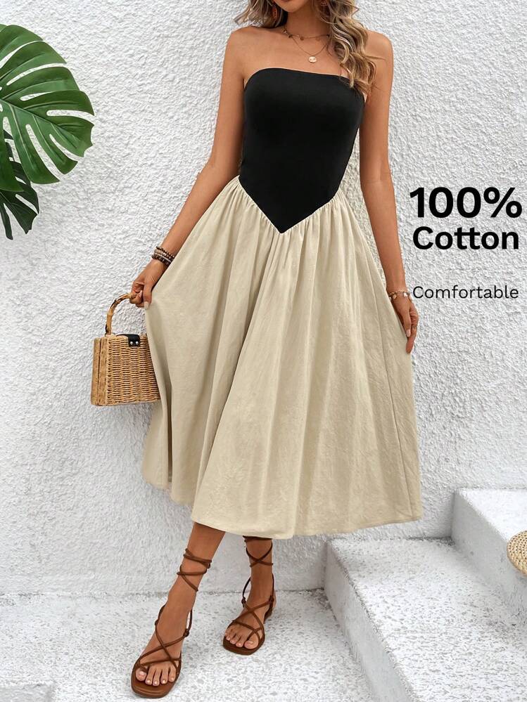 Chiquease Women's Color Block Patchwork Strapless Bodycon Dress With Cinching Waist Maxi Women Outfit - Multicolor - View 1