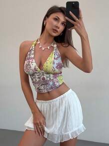 Aloruh 全新优雅佩斯利印花扭纹装饰性感深 V 无袖短款上衣 - 紫色 - 查看 7