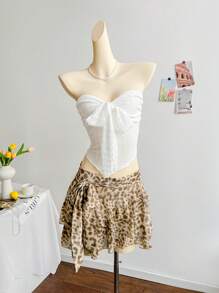 Soleia Women Vintage Leopard Print Layered Ruffle Hem Drawstring Waist Mini Skirt, Vacation Style