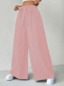 SHEIN Luminelle 女士休闲百搭纯色阔腿裤 - 粉色 - 查看 6