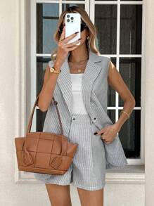 SHEIN Tall CURVE Plus Size 2pcs Women Casual Striped Blazer Collar Shorts With Pockets Suit Set Office Outfits For Women Business Casual Woman Spring Outfits For Women Office Outfits For Women Lounge Sets For Women Plus Size Pant Suit Set Linen Outfits For Women Tall Curve Women Clothes Vest And Pants Set Plus Size Linen Outfits Autumn Winter Clothes For Women - Multicolor - View 3