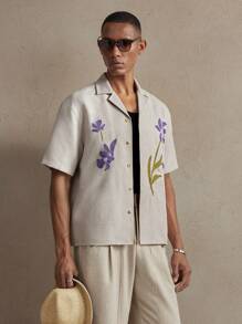 AKNOTIC Business Casual 男士杏色编织花卉刺绣宽松落肩时尚休闲衬衫，适合春夏季、日常穿着、度假、婚礼、情侣装、学校 - 杏色 - 查看 3