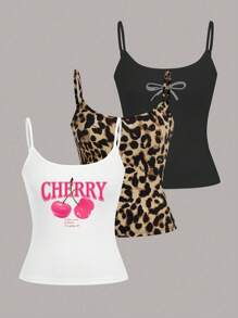 SHEIN EZwear 3 件套女士豹纹、樱桃和蝴蝶结装饰短款吊带背心，合身性感，适合夏季 - 彩色 - 查看 1