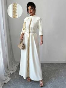Selianne Váy dạ hội sang trọng dành cho nữ, đính hạt thủ công ở giữa phía trước, lễ hội Eid, tay áo 3/4, váy dệt kim - Màu be - Xem 3