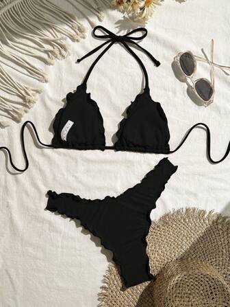 Swim Mod Kvinnor Enfärgad Sexig High Stretch Ruffle Hem Bikini Set, för semester