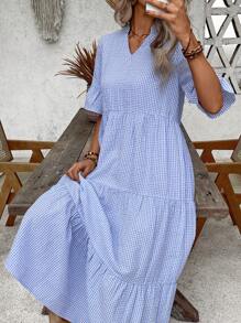 EMERY ROSE Women's Vacation Casual Plaid Cut-Out Neck Long Dress