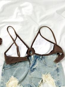 SHEIN Swim Springbreak Women's Solid Textured Fabric Spaghetti Strap Front Resin Circle Decor Casual Beach Bikini Top, Summer Vacation - Coffee Brown - View 2