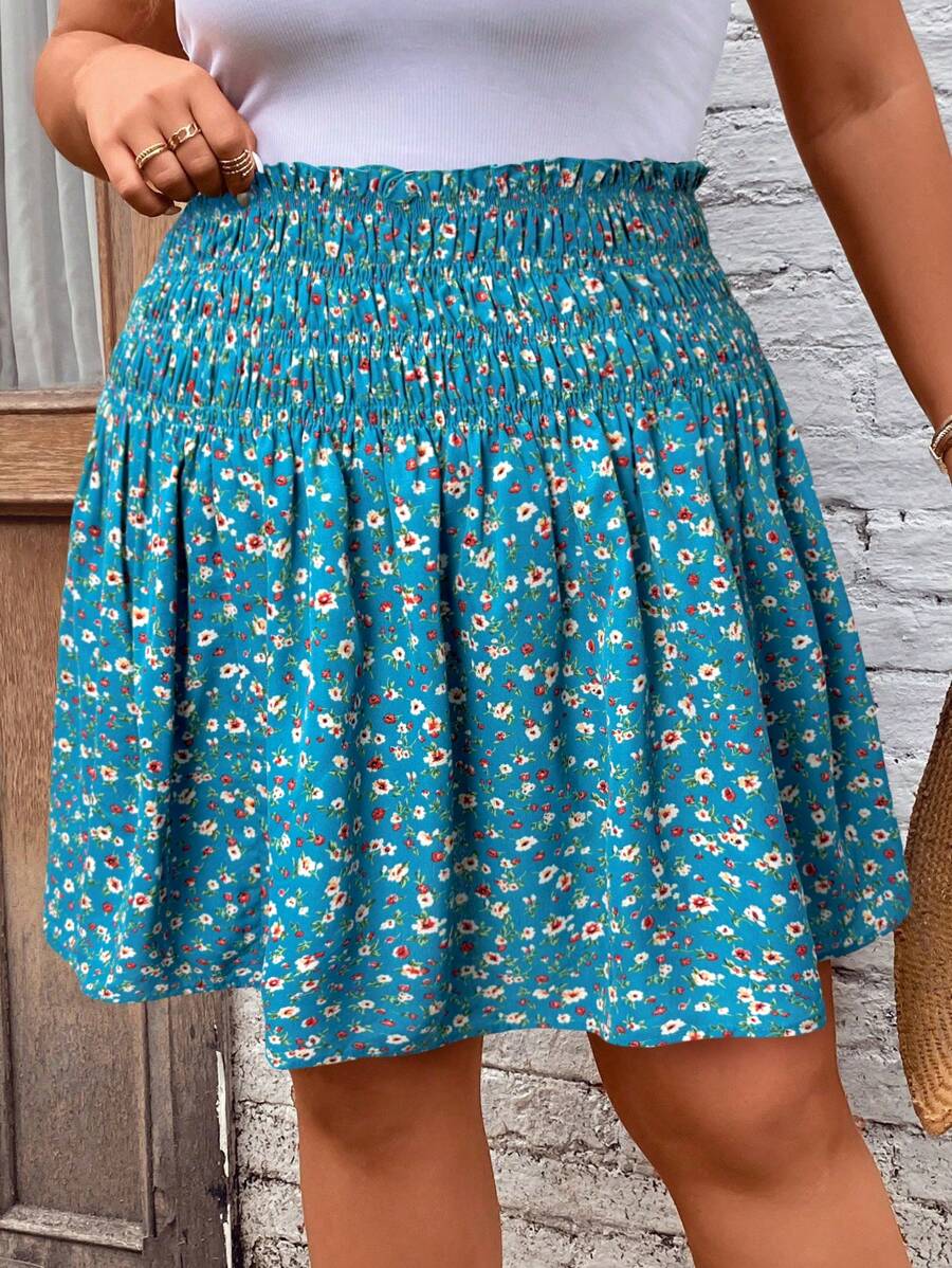 SHEIN LUNE Plus Size Ditsy Floral Drawstring Waist Casual Skirt Boho Old Money - Blue - View 1