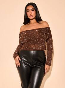 SHEIN BAE Parte superior de manga larga con decoración de strass transparente y sin tirantes, elegante y sexy para mujer de talla grande, ideal para fiestas y cumpleaños