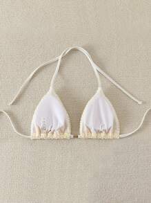 Swim Mod Beach For Women - Solid Color Textured Fabric Halter Triangle Bikini Top, Summer - Yellow - View 2