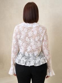 SHEIN Clasi 大码女式纯色长袖简约透明休闲上衣狂欢节老钱波西米亚风沙滩装度假音乐会女式热带度假女士乡村音乐会狂欢上衣夏季上衣 - 白色 - 查看 2
