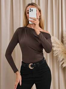 Lavishia Asymmetric Collar Pleated Slim Fit Solid Color Casual T-Shirt, Spring & Fall Winter Clothes