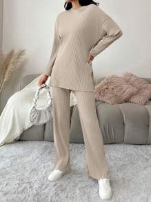 SHEIN PETITE Petite Women Casual Cotton Drop Shoulder Split Hem Tee & Pants - Beige - View 6