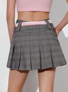 GENKIRA Váy mini xếp ly eo thấp họa tiết caro khối màu đơn giản cho nữ - Nhiều màu - Xem 2