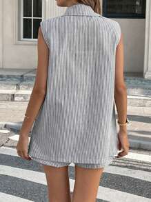 SHEIN Tall CURVE Plus Size 2pcs Women Casual Striped Blazer Collar Shorts With Pockets Suit Set Office Outfits For Women Business Casual Woman Spring Outfits For Women Office Outfits For Women Lounge Sets For Women Plus Size Pant Suit Set Linen Outfits For Women Tall Curve Women Clothes Vest And Pants Set Plus Size Linen Outfits Autumn Winter Clothes For Women - Multicolor - View 2