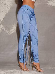 Vixey Asymmetrical Waist Fringe Detail Skinny Pants, Spring Summer For Women, Streetwear For Women - Blue - View 4