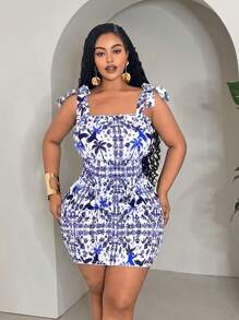 Slaydiva Vestido de playa ajustado con estampado y detalle de lazo para mujer de talla grande para vacaciones