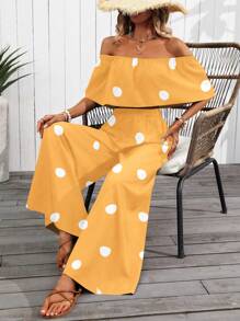 SHEIN Clasi 2pcs/Set Off-The-Shoulder Polka Dot Print Cropped Top And Wide-Leg Pants - Yellow - View 6