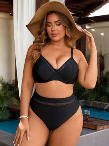 Swim Lushoire 大码女式两件套泳衣比基尼套装，带钢圈支撑，性感镂空肩带设计，成熟纯色简约风格度假，夏日海滩 - 黑色 - 查看 5