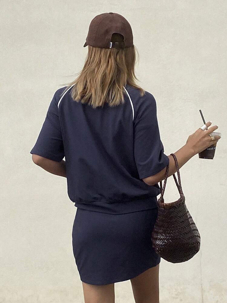 2pcs Women Sports Casual Spring/Summer Letter Print Contrast Color Zip Short Sleeve T-Shirt And A-Line Skirt Set Lounge Sets For Women