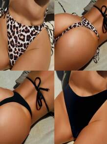 SHEIN Swim 2 piezas de traje de baño para vacaciones de primavera y verano: shorts de estampado de leopardo con lazos a los lados y Bottom de bikini tipo tanga de color liso
