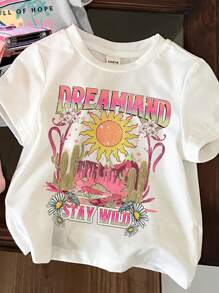 SHEIN Leap Crew Top de manga corta y cuello redondo casual y minimalista para niña, adecuado para el verano