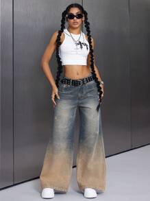 INAWLY Women's Fashion Vintage Wash Ombre Low-Rise Wide Leg Pants - Blue - View 3