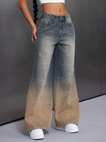 INAWLY Women's Fashion Vintage Wash Ombre Low-Rise Wide Leg Pants - Blue - View 5